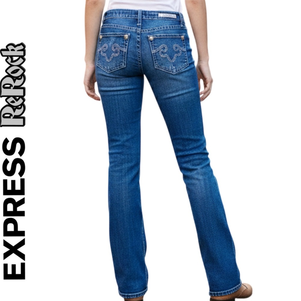 NEW Express ReRock Women’s Jeans, Retro Slim Bootcut, Distressed, Sanded Size 0R - Picture 2 of 12